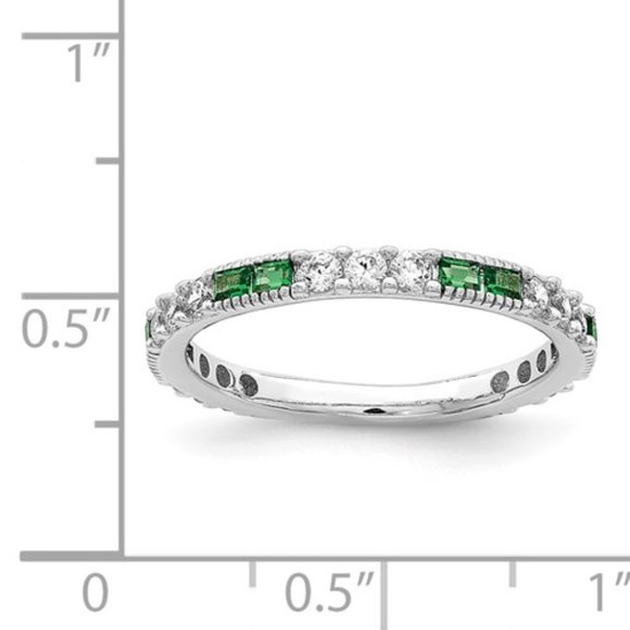 Sterling Silver Rhodium-plated Synthetic Green Spinel and CZ Band Ring - Picture 2 of 5